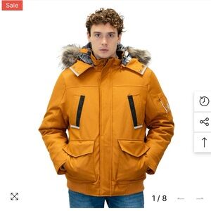 Men's Bold Orange Puffer Jacket with Faux Fur Hood